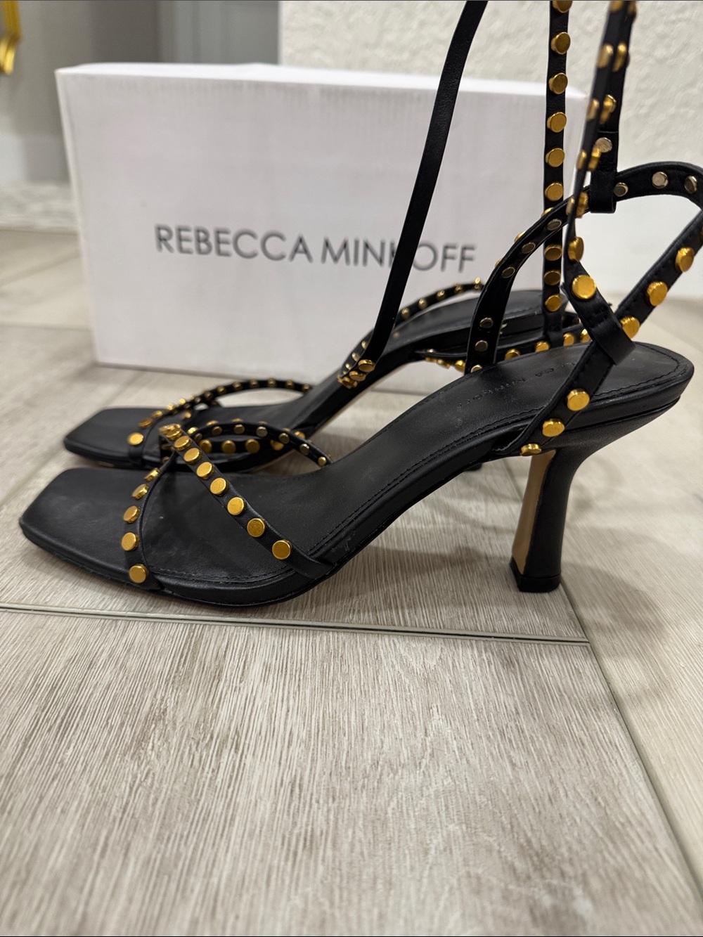 Rebecca Minkoff Avila Black Strappy Studded Lace-Up Heels Size 8